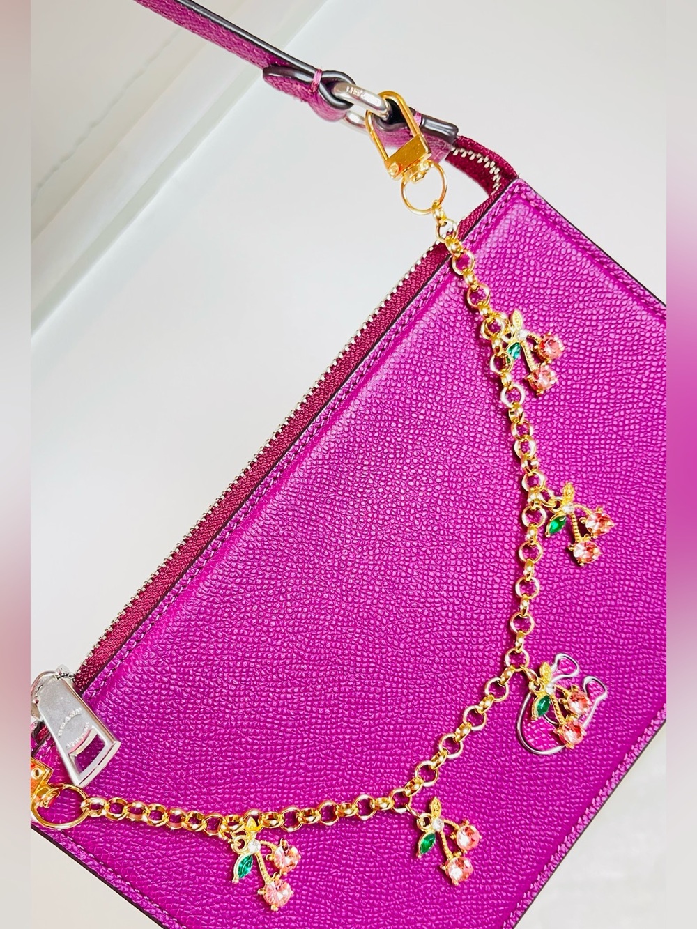 Gold tiny Cherry Bag Decor with Pink Crystals